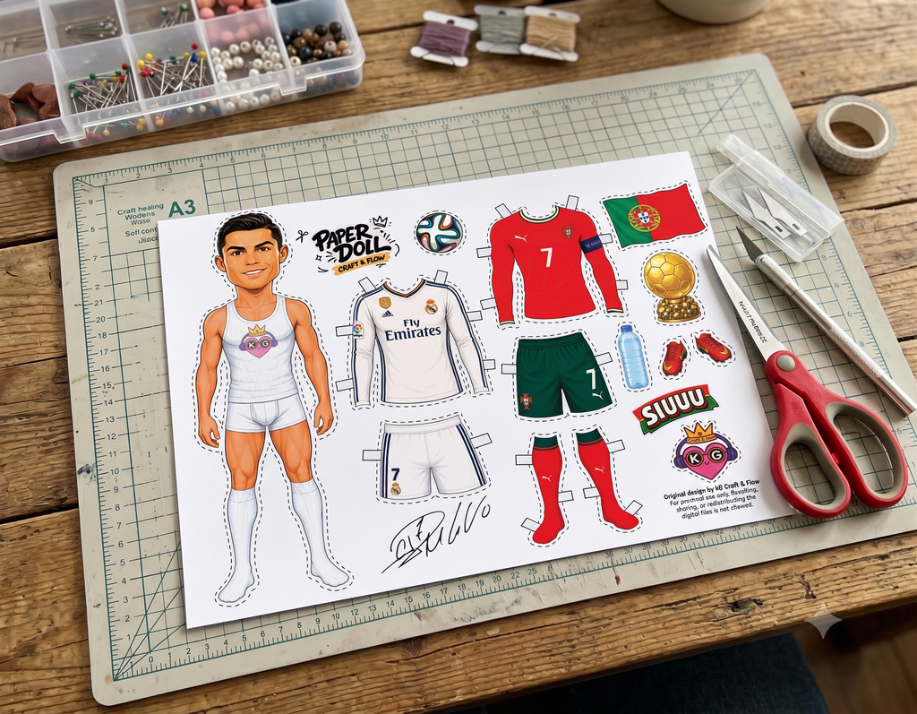 Cristiano Ronaldo Paper Doll, Print and Cut PNG PDF, Digital File for Hand Cut and Cricut